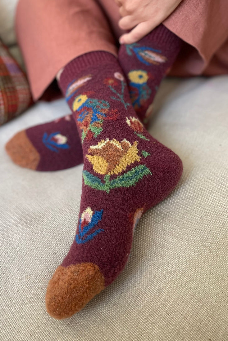 Flower Wool Sock - Burgundy