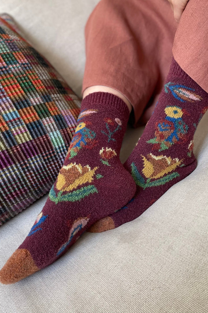 Flower Wool Sock - Burgundy