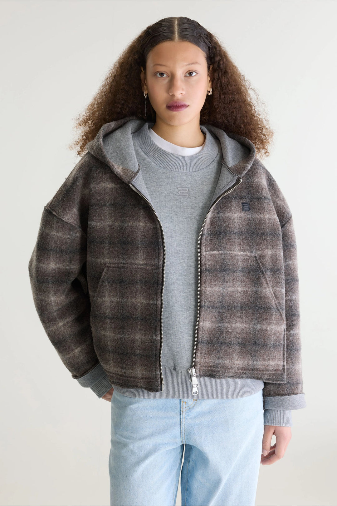 Flannel Hooded Check Sweatshirt - Grey/Brown
