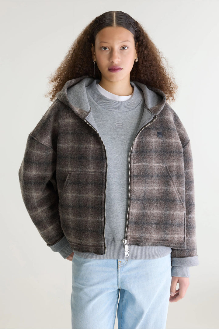 Flannel Hooded Check Sweatshirt - Grey/Brown
