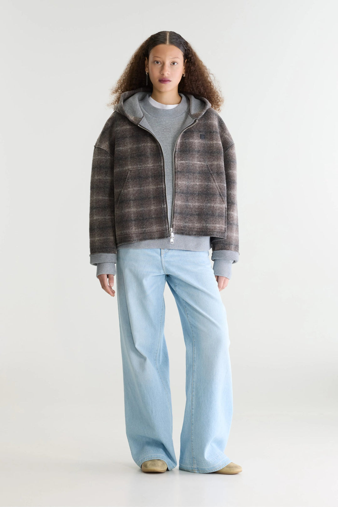 Flannel Hooded Check Sweatshirt - Grey/Brown