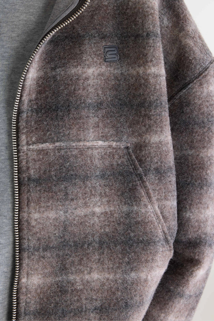 Flannel Hooded Check Sweatshirt - Grey/Brown
