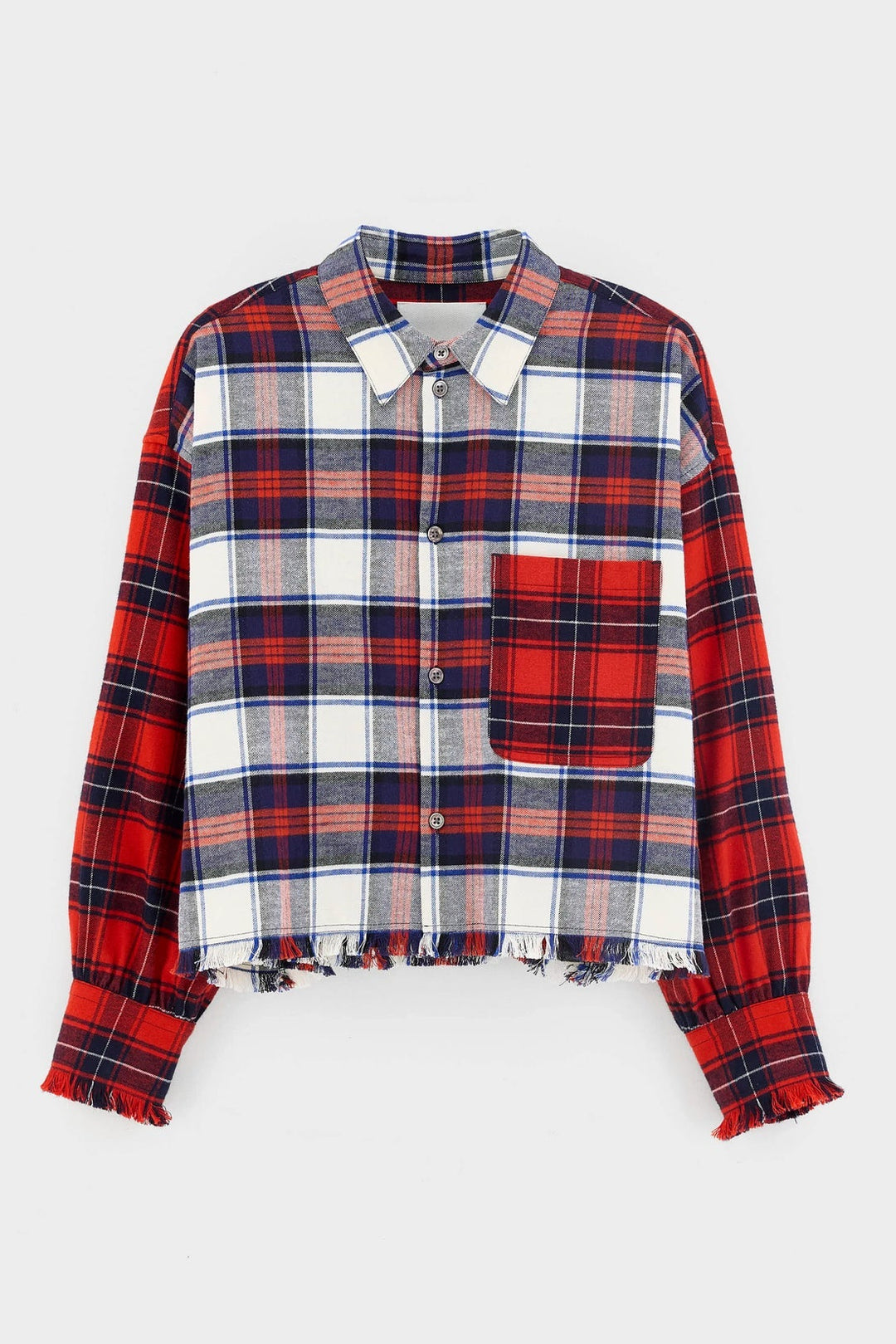 A cropped long-sleeve plaid button-up shirt with a red, white, and navy tartan pattern, featuring a solid red chest pocket and raw, frayed hems.