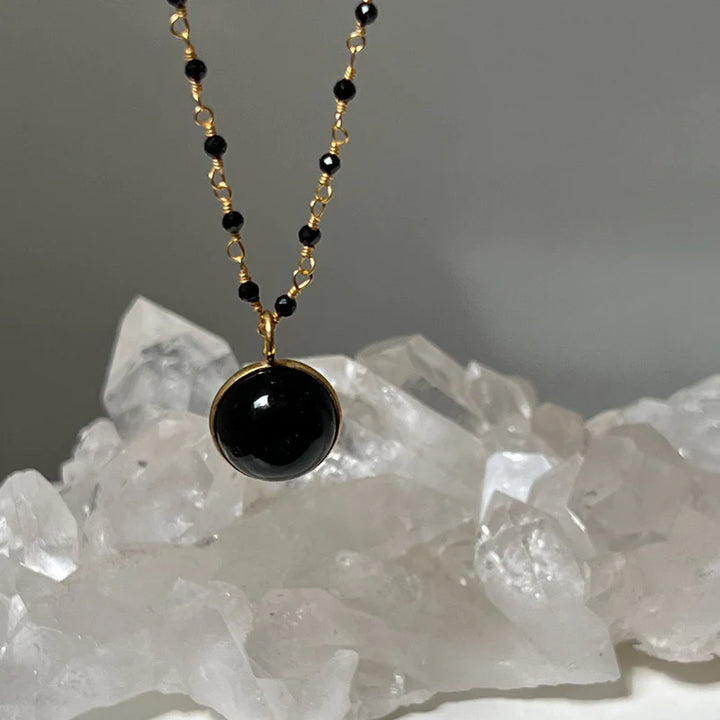Black Onyx Ball Pendant On Black Onyx Rosary Chain Necklace