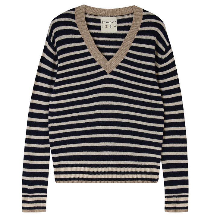 Tipped Stripe V-Neck Cashmere - Brown/Navy/Oatmeal