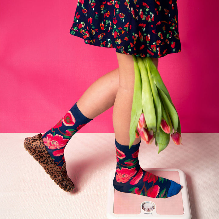 Flower Socks- Blue/Burgundy