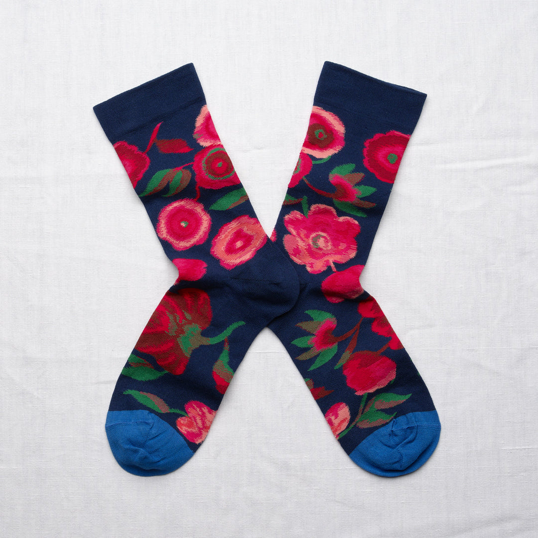 Flower Socks- Blue/Burgundy