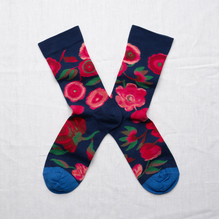 Flower Socks- Blue/Burgundy