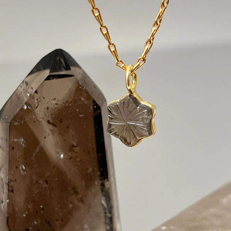 Carved Smokey Quartz Star Pendant  On Mini Torsade Chain Necklace