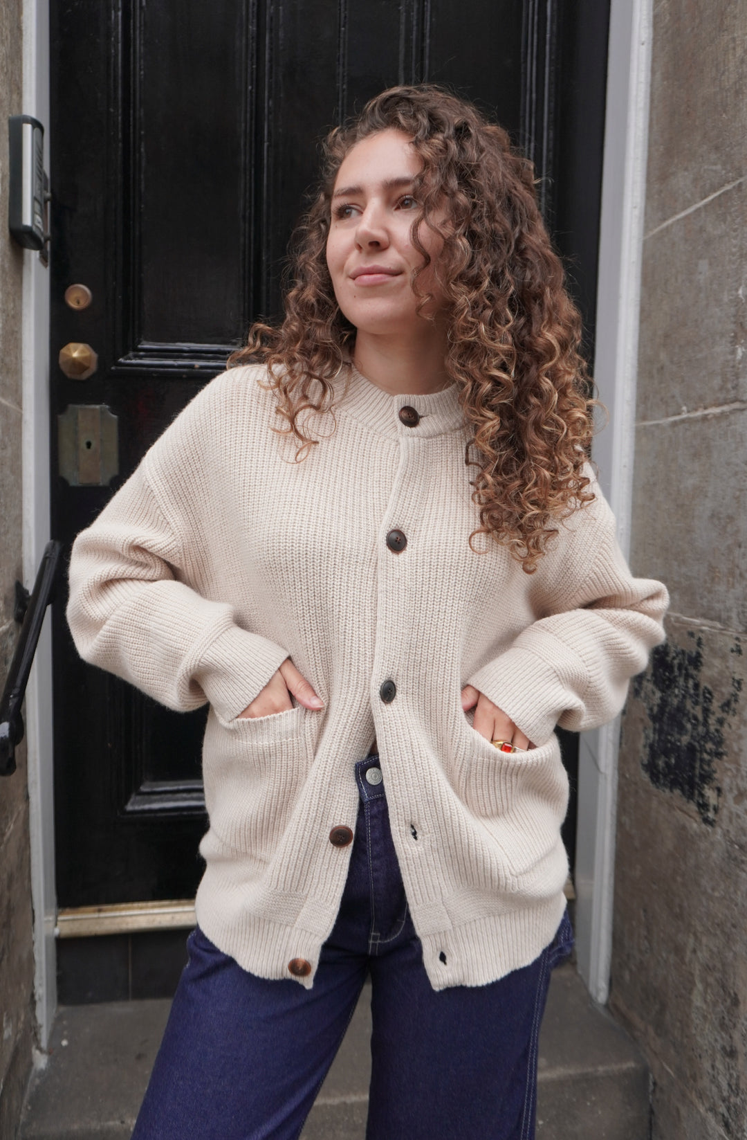 Heavy Wool Round Cardigan - Cream