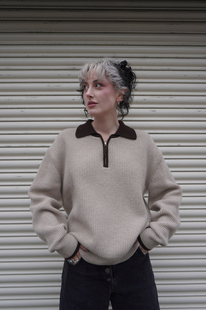 Contrast Collar Half Zip - Cream