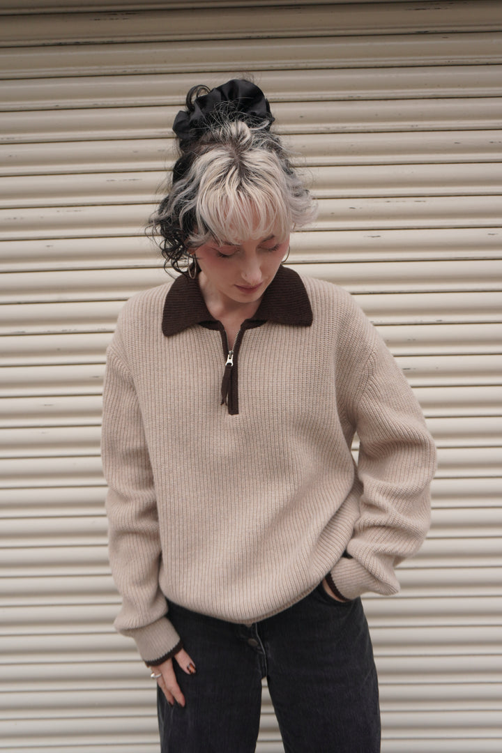 Contrast Collar Half Zip - Cream