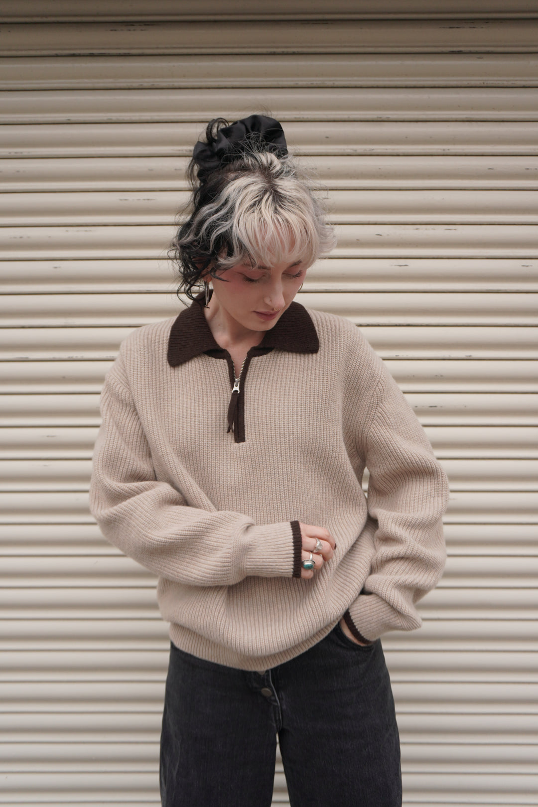 Contrast Collar Half Zip - Cream