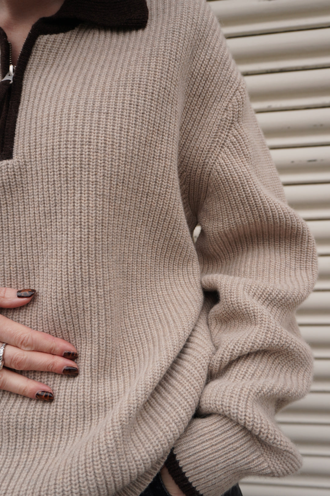 Contrast Collar Half Zip - Cream