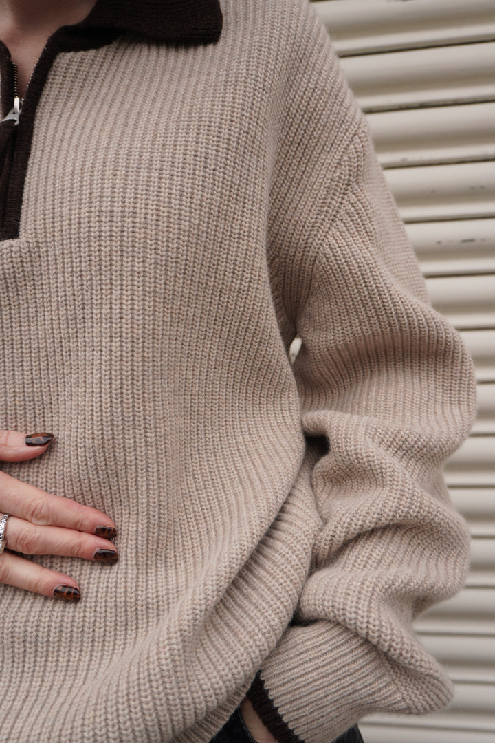 Contrast Collar Half Zip - Cream