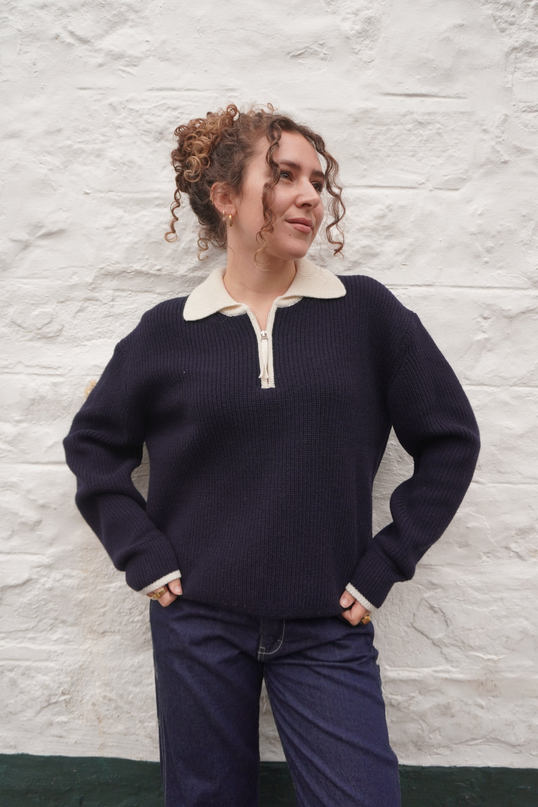 Contrast Collar Half Zip - Navy