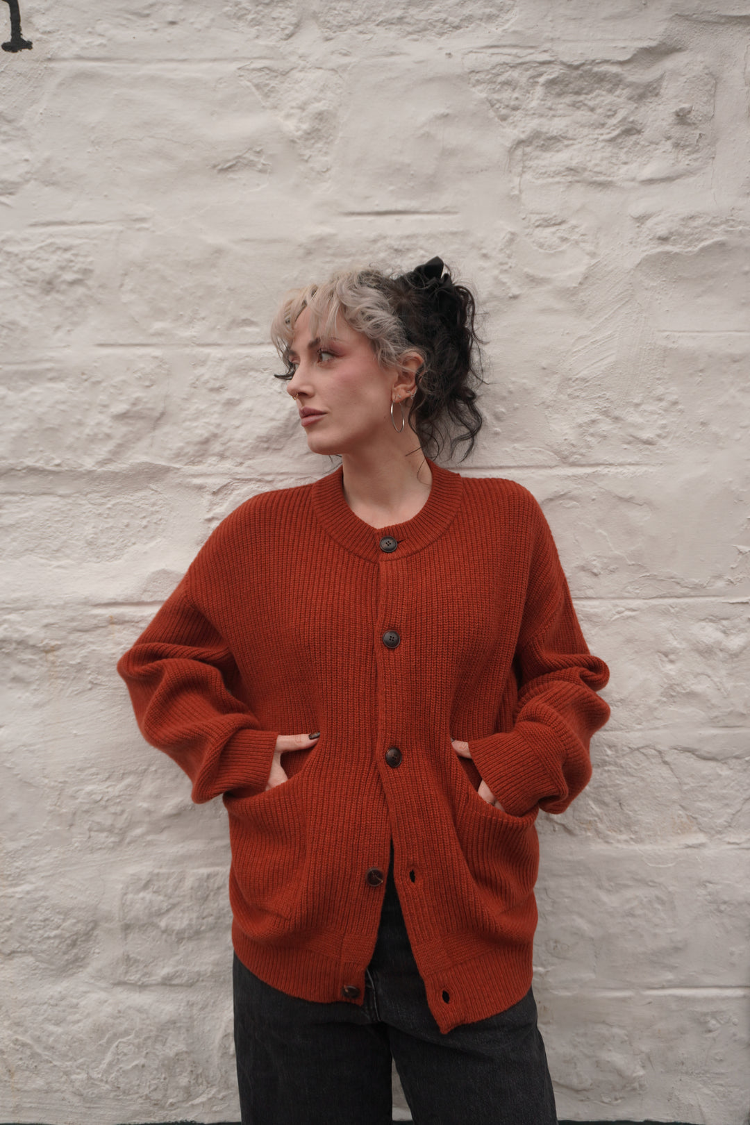 Heavy Wool Round Cardigan - Brick