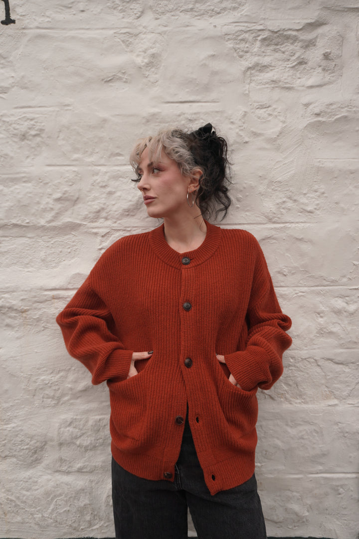 Heavy Wool Round Cardigan - Brick