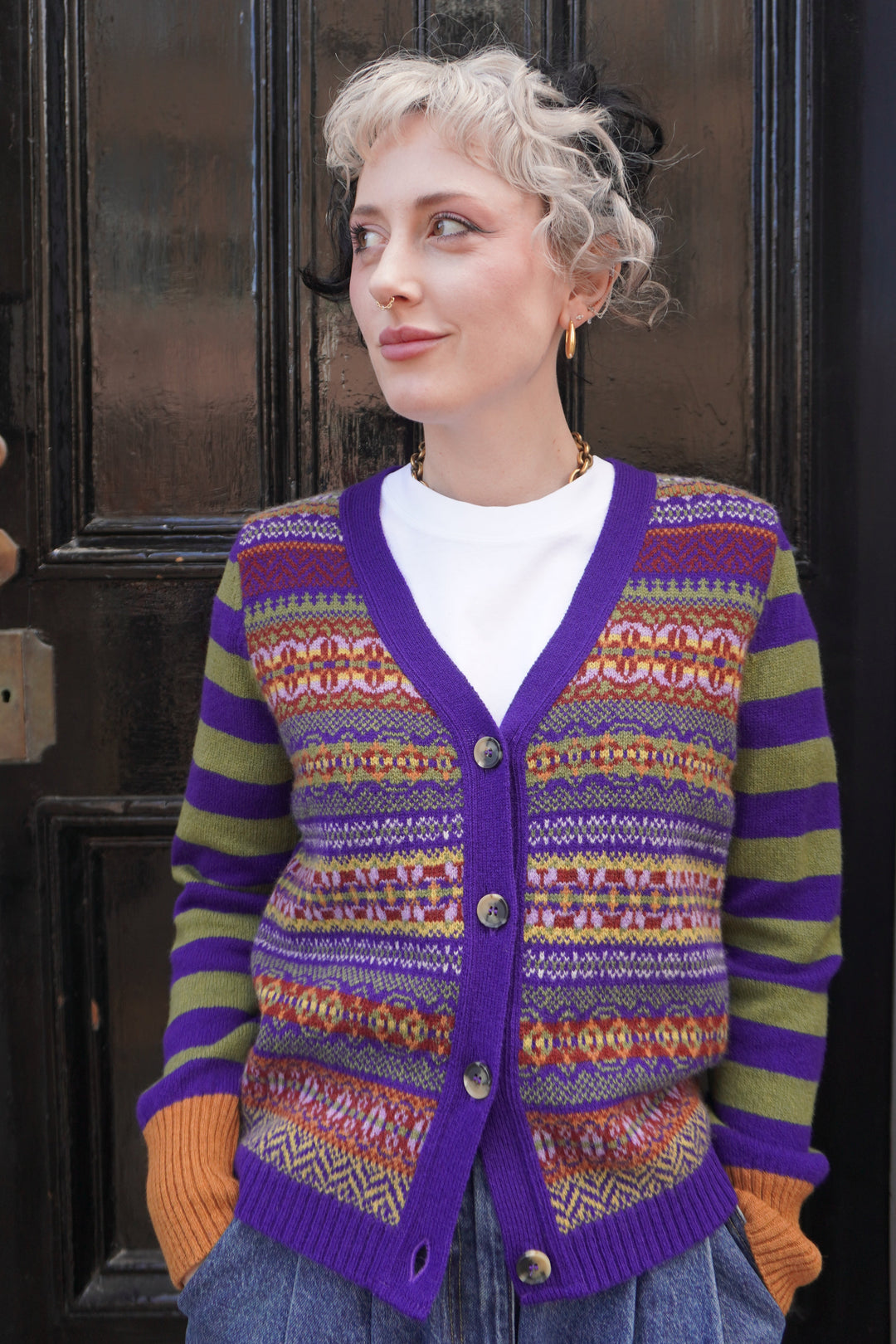Stobo Fairisle Vee Cardigan - Mulberry
