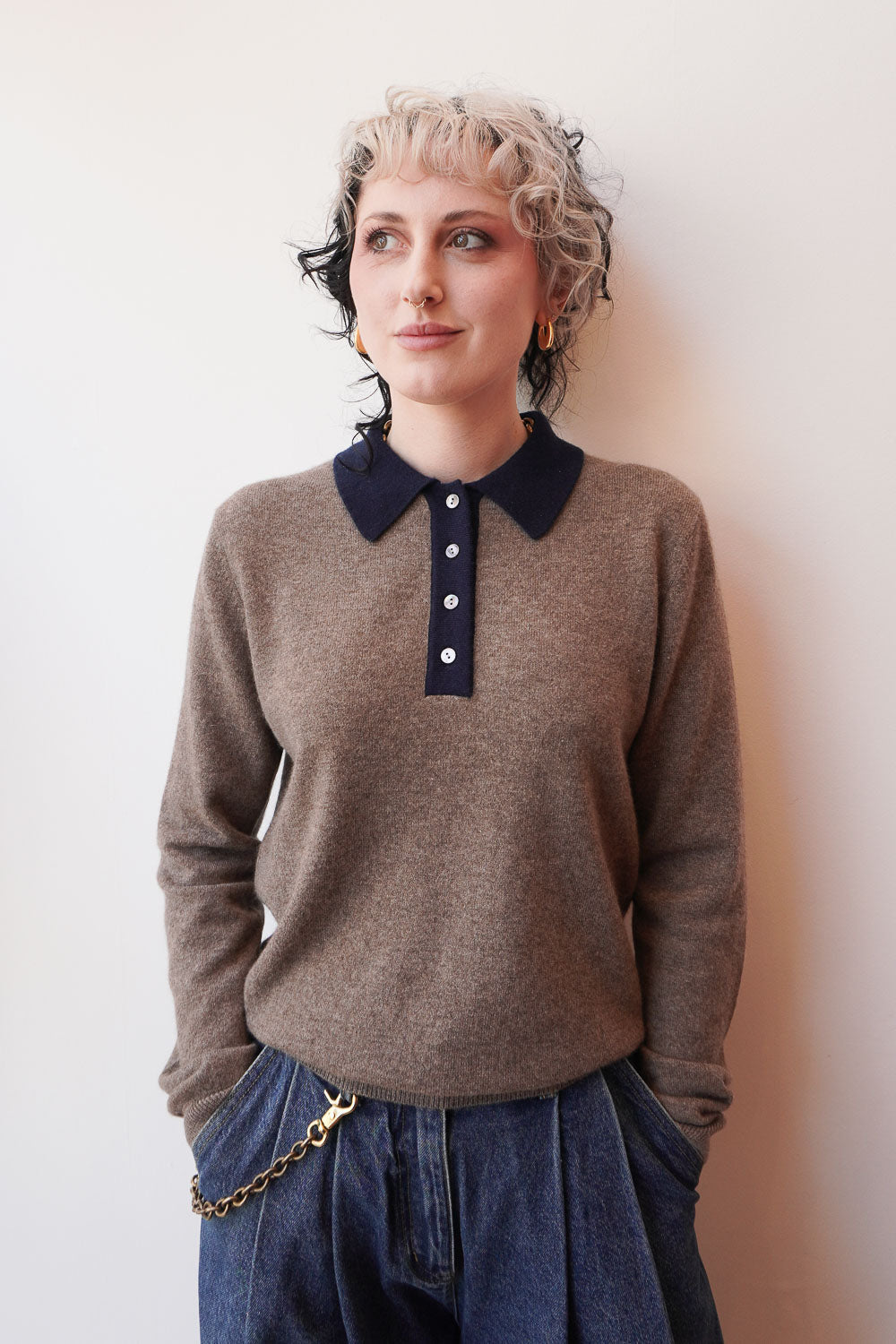 Contrast Cashmere Polo - Moose/Navy