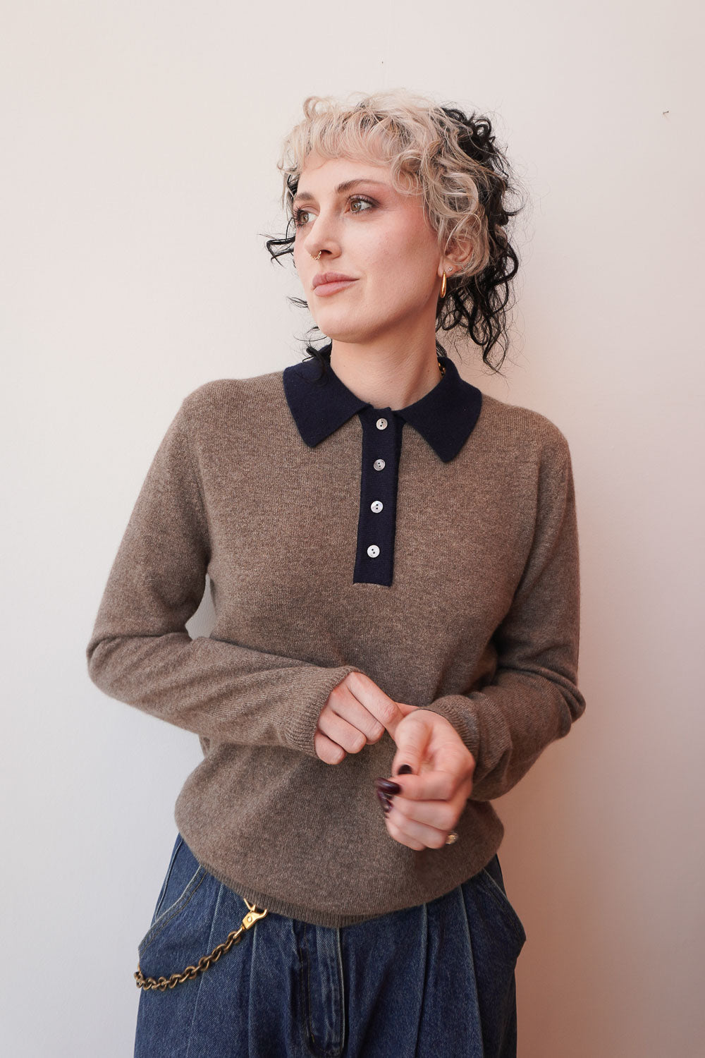 Contrast Cashmere Polo - Moose/Navy