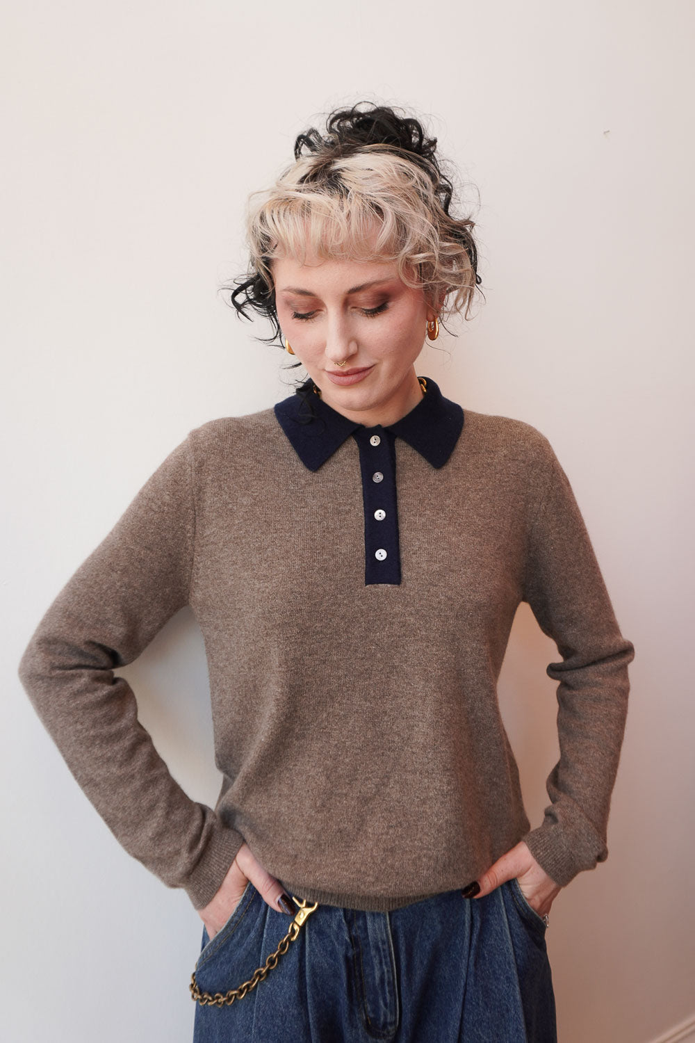 Contrast Cashmere Polo - Moose/Navy