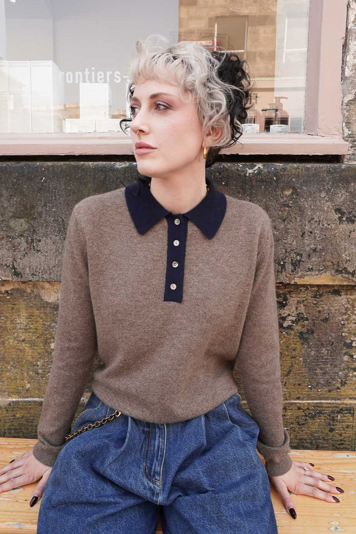 Contrast Cashmere Polo - Moose/Navy