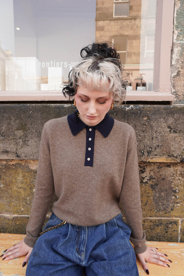 Contrast Cashmere Polo - Moose/Navy