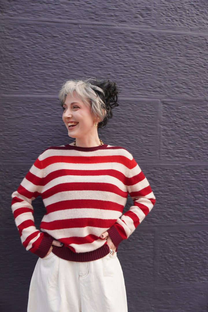 Gradient Striped Cashmere Crew - Oatmeal/Rose/Burgundy