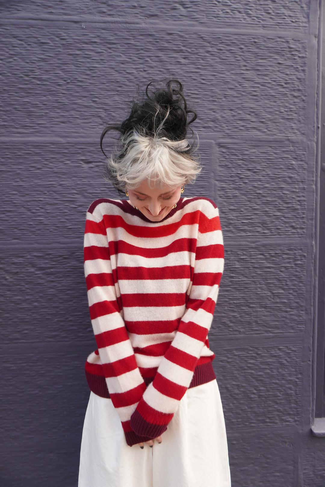 Gradient Striped Cashmere Crew - Oatmeal/Rose/Burgundy