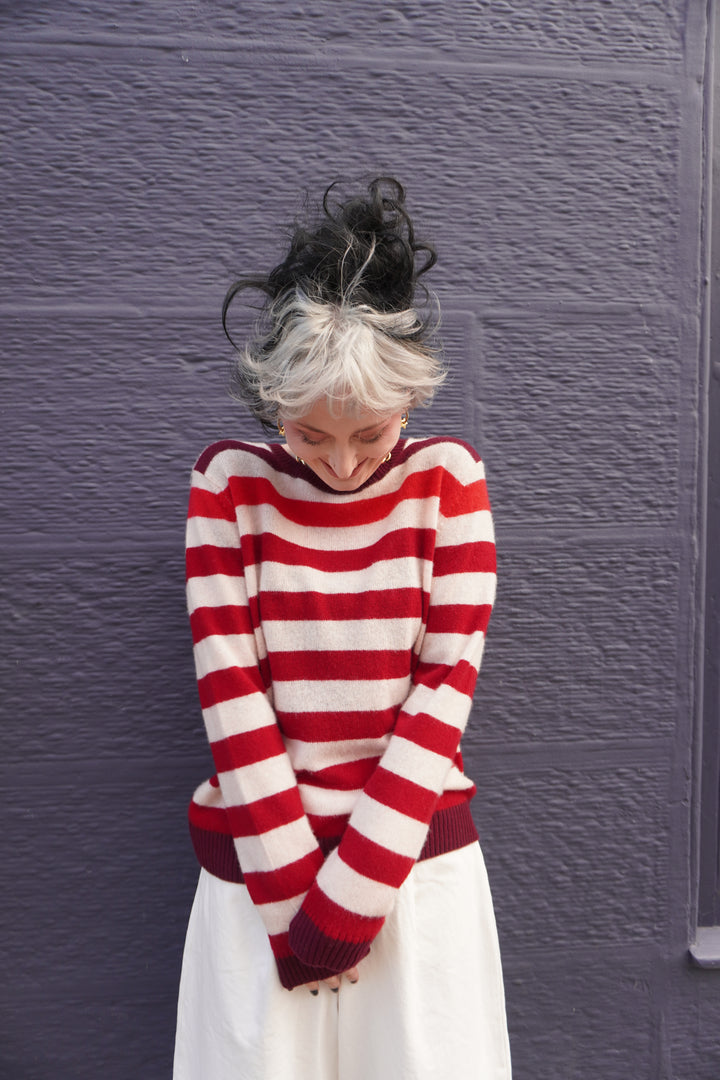 Gradient Striped Cashmere Crew - Oatmeal/Rose/Burgundy