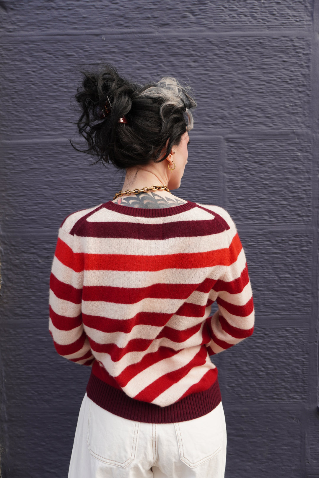 Gradient Striped Cashmere Crew - Oatmeal/Rose/Burgundy