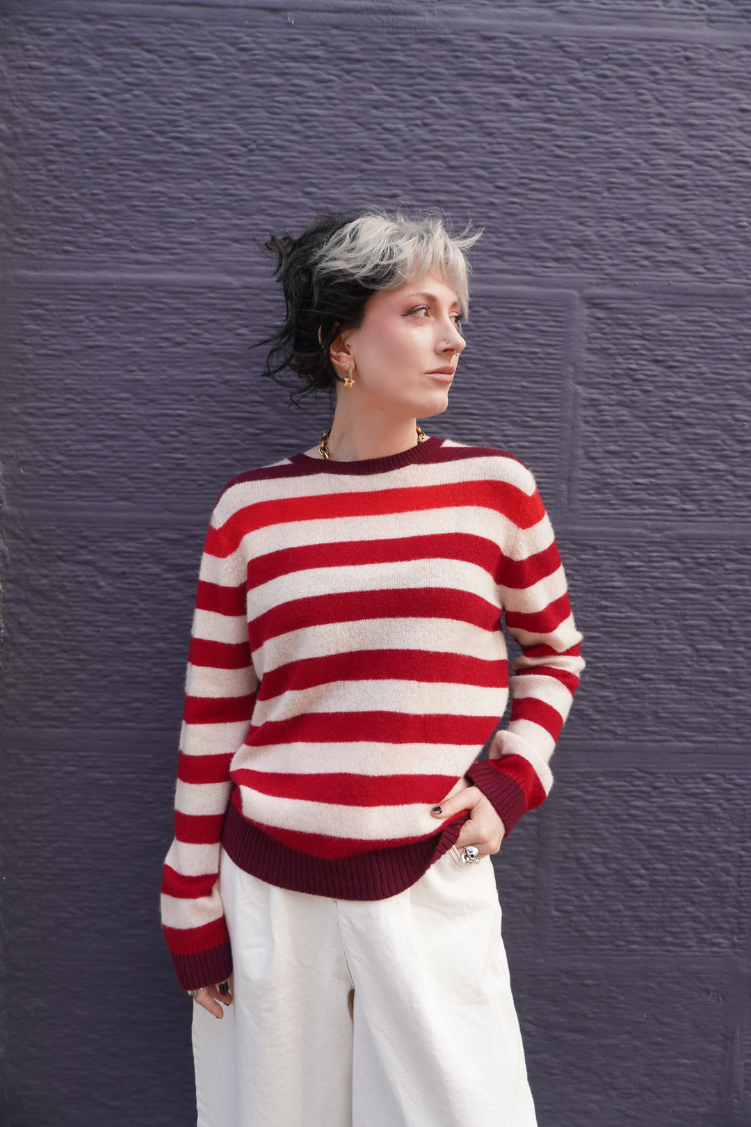 Gradient Striped Cashmere Crew - Oatmeal/Rose/Burgundy