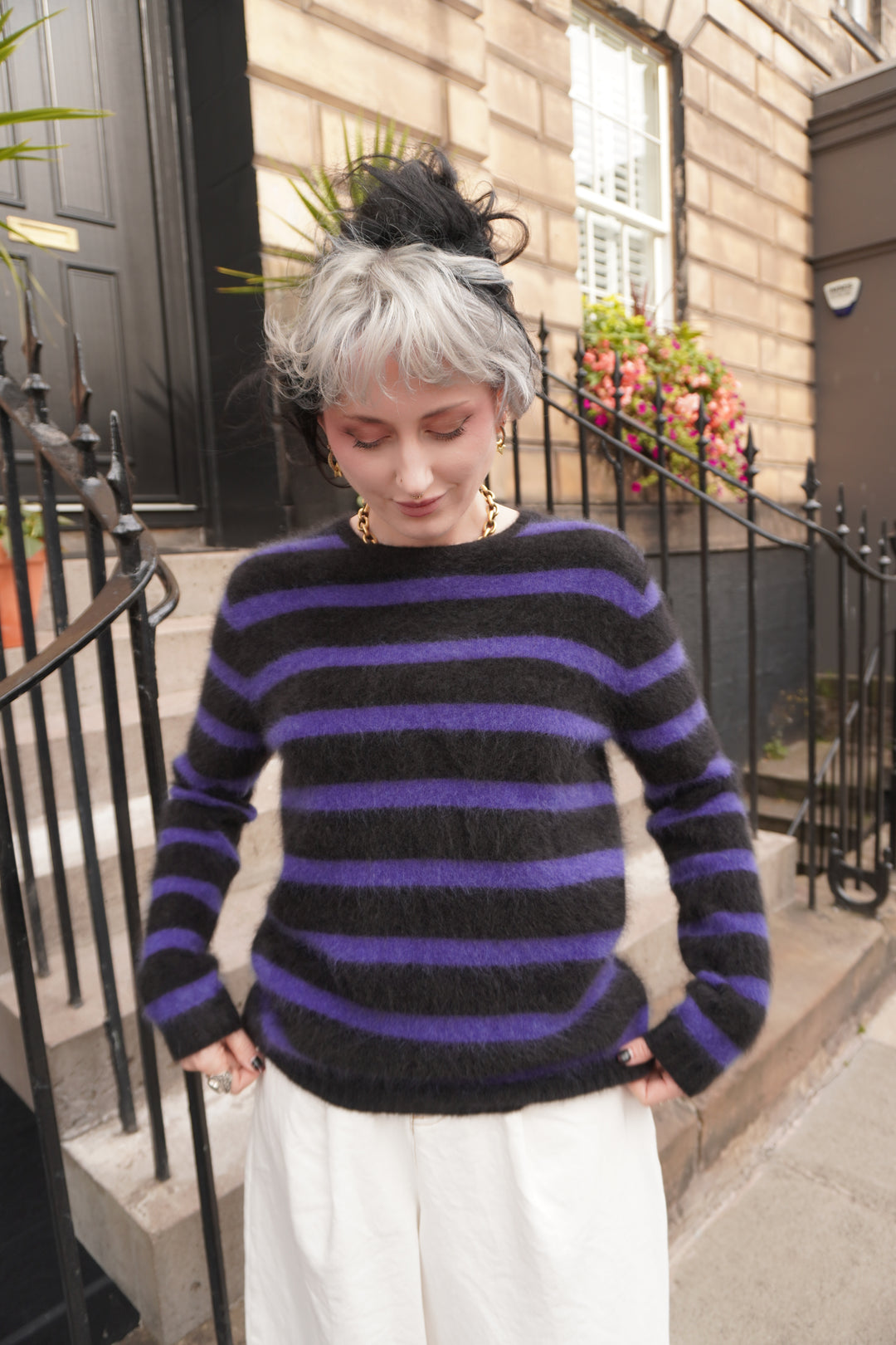 Brushed Stripe Cashmere Crew - Black/Bright Blue