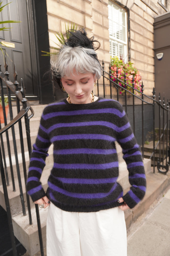 Brushed Stripe Cashmere Crew - Black/Bright Blue