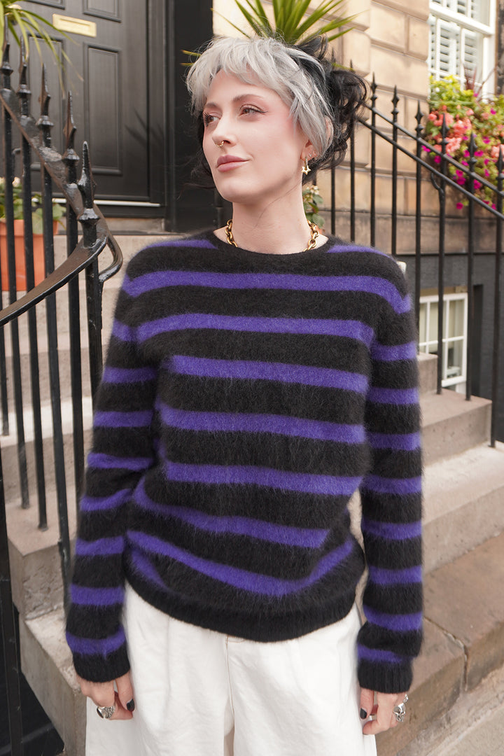 Brushed Stripe Cashmere Crew - Black/Bright Blue