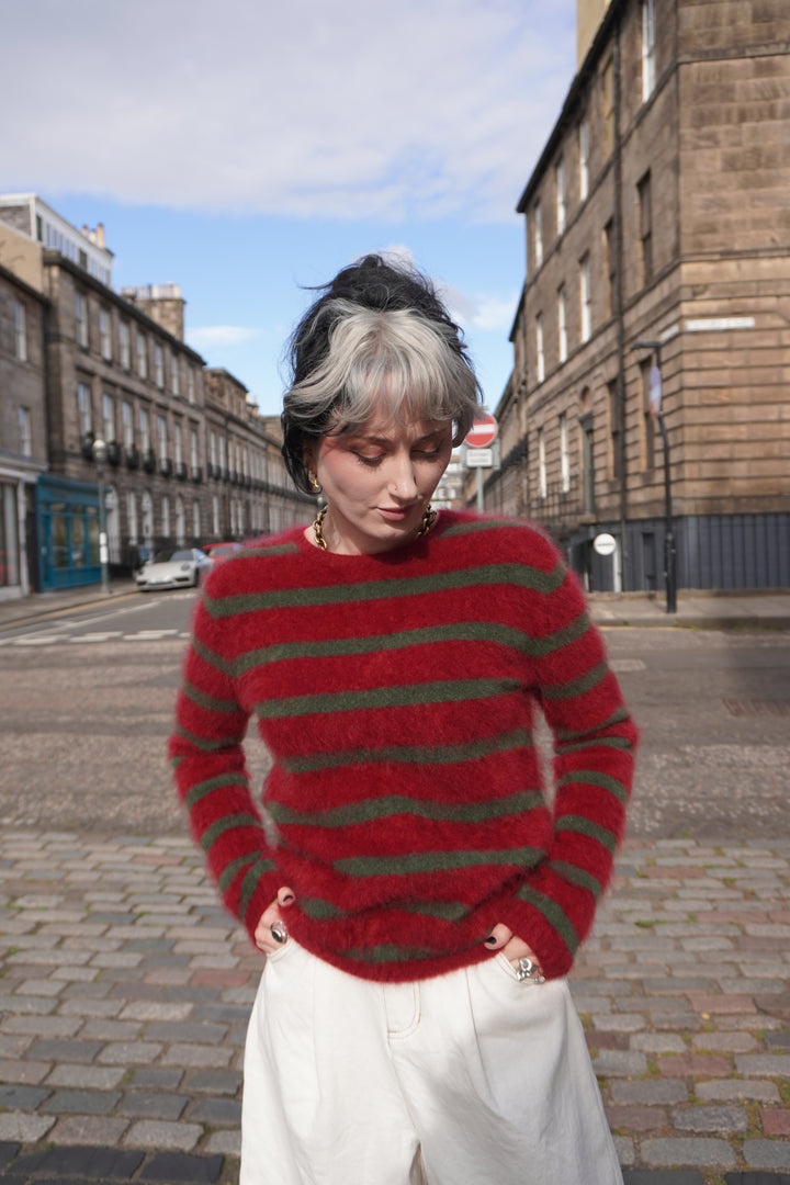 Brushed Stripe Cashmere Crew - Rouge/Jungle