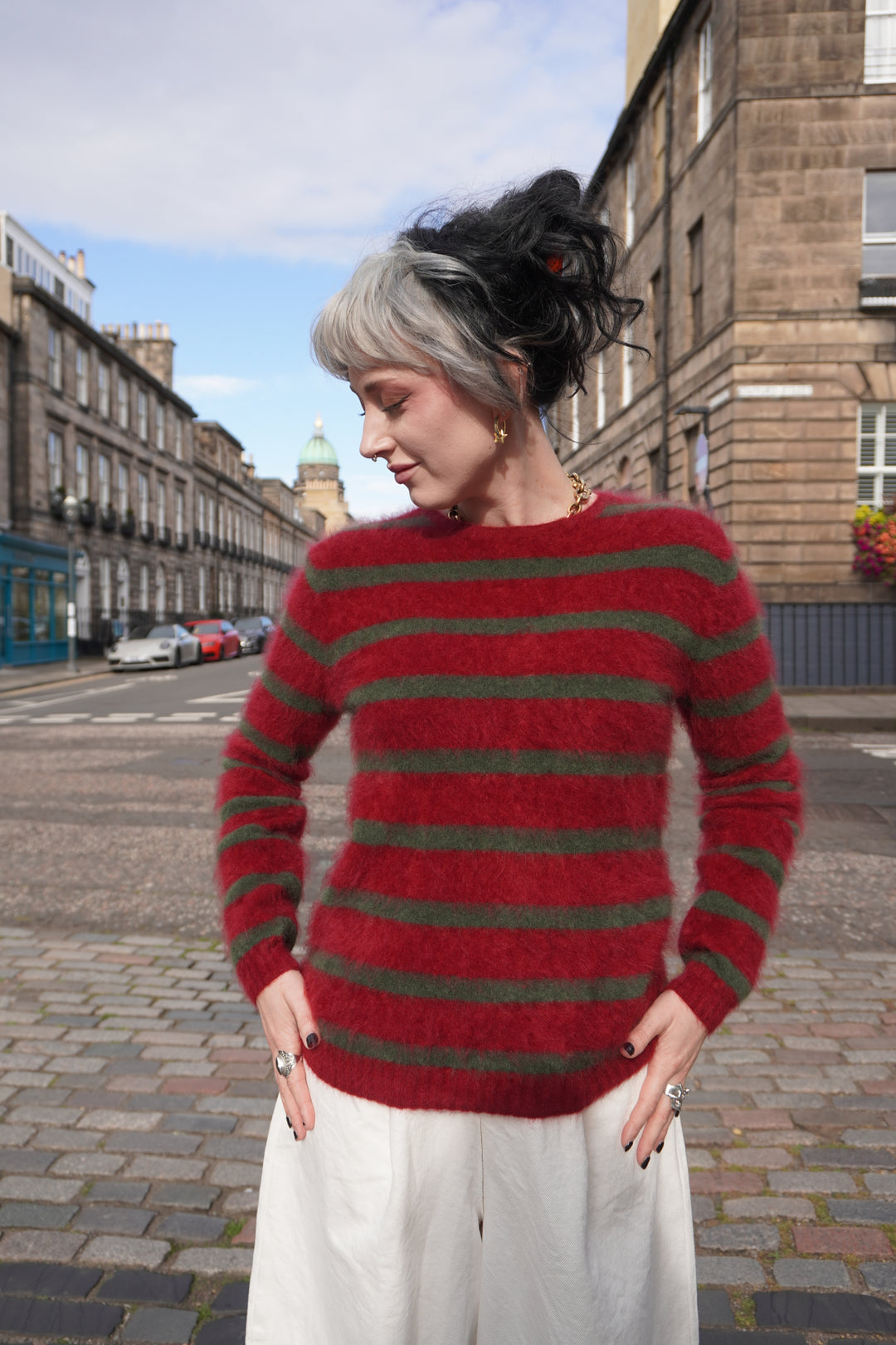 Brushed Stripe Cashmere Crew - Rouge/Jungle