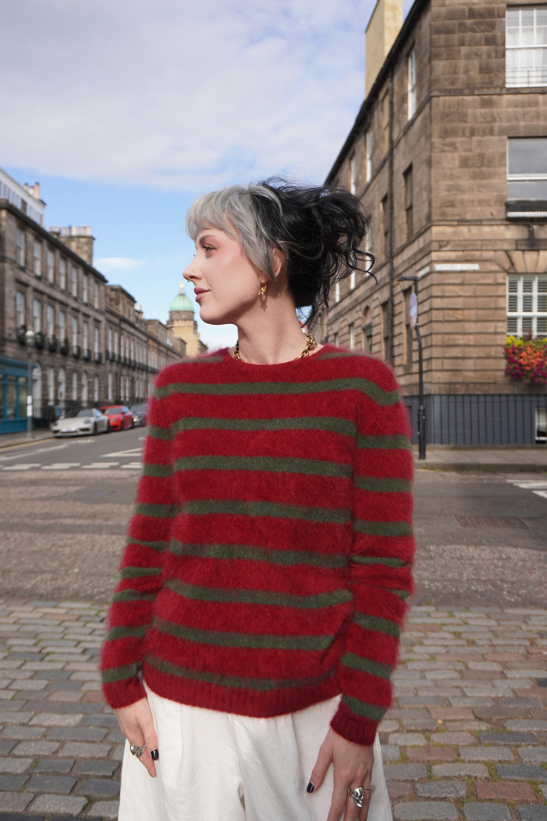 Brushed Stripe Cashmere Crew - Rouge/Jungle