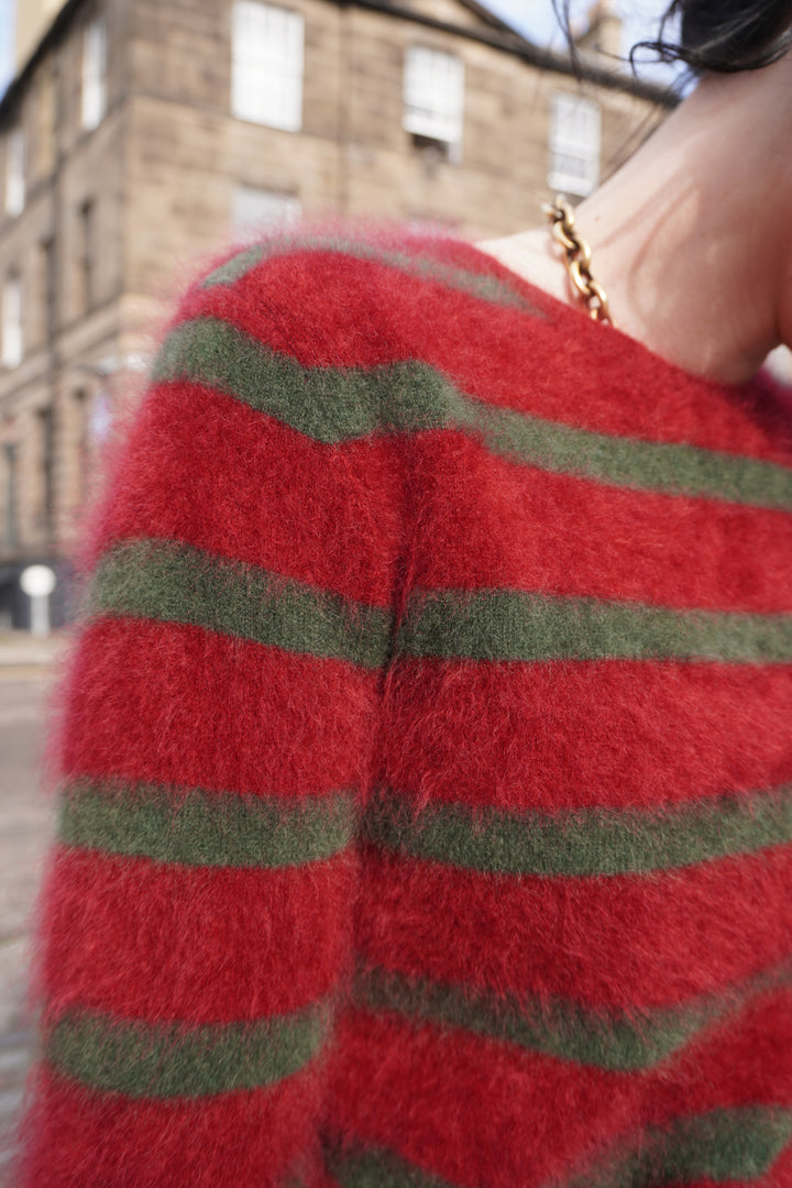 Brushed Stripe Cashmere Crew - Rouge/Jungle