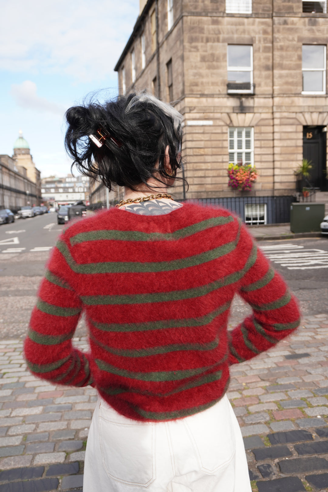 Brushed Stripe Cashmere Crew - Rouge/Jungle