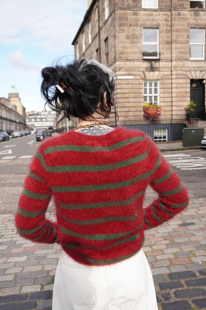 Brushed Stripe Cashmere Crew - Rouge/Jungle