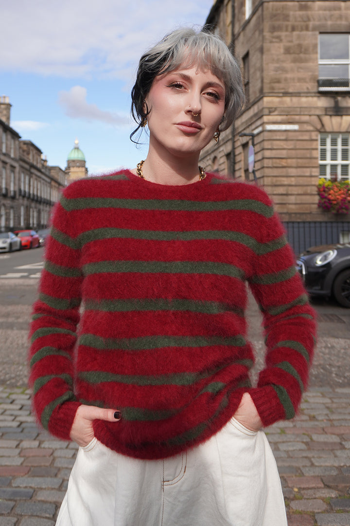 Brushed Stripe Cashmere Crew - Rouge/Jungle