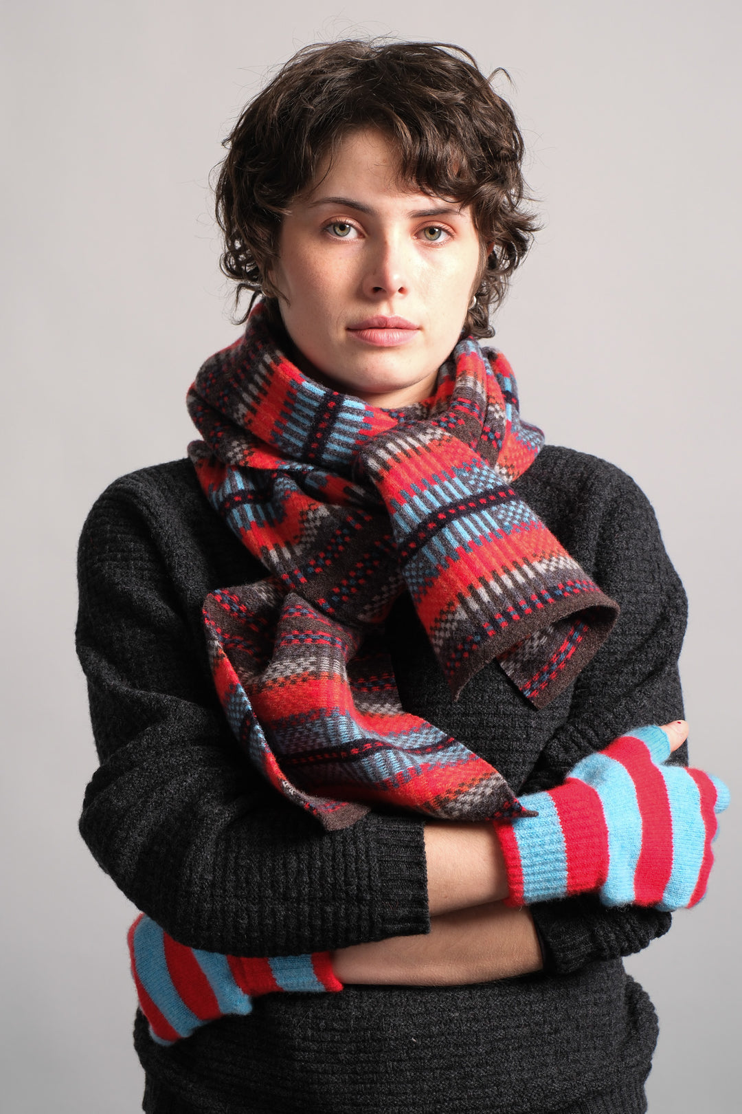 Striped Fingerless Gloves - Red/Turquoise