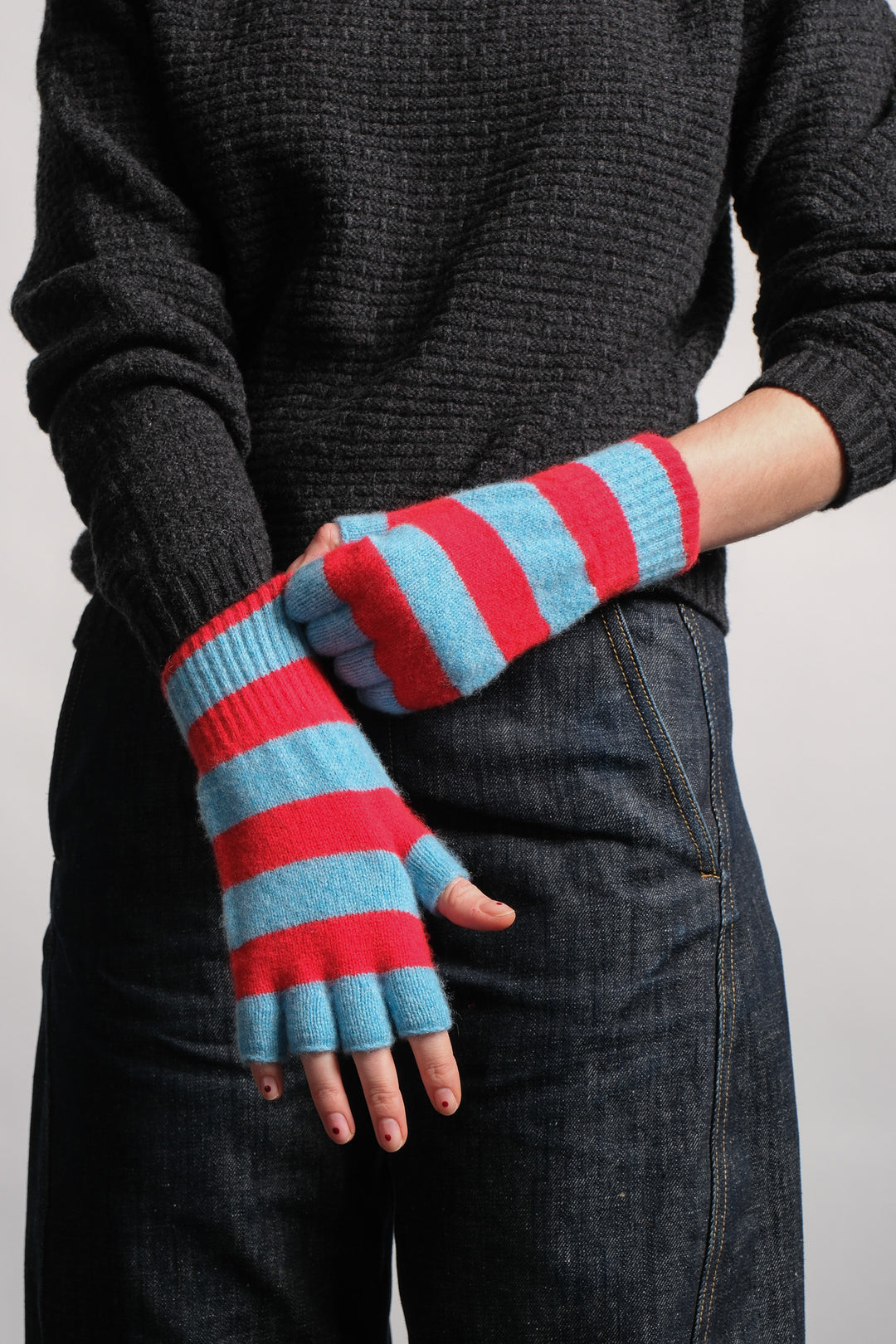 Striped Fingerless Gloves - Red/Turquoise