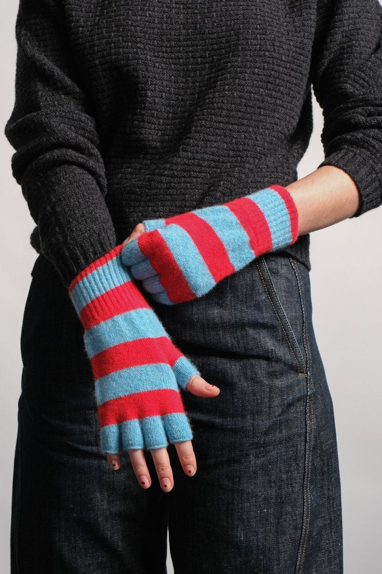 Stripe Fingerless Gloves - Turquoise/Red