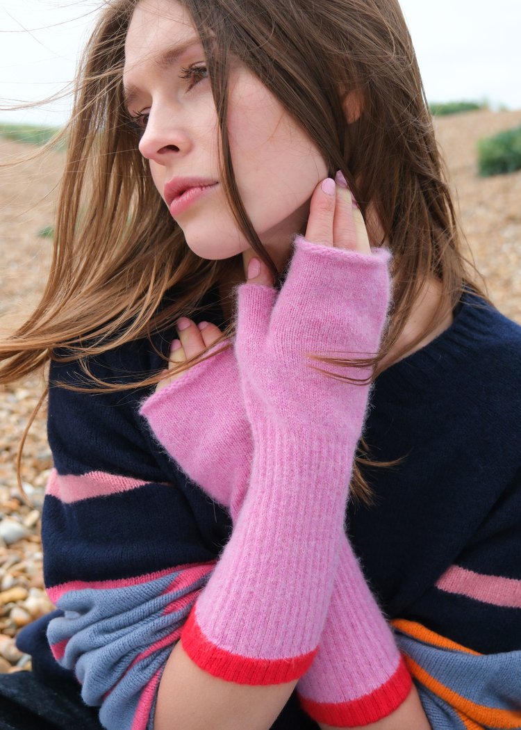 Fingerless Wristwarmers with Contrast Cuff - Pink/Red