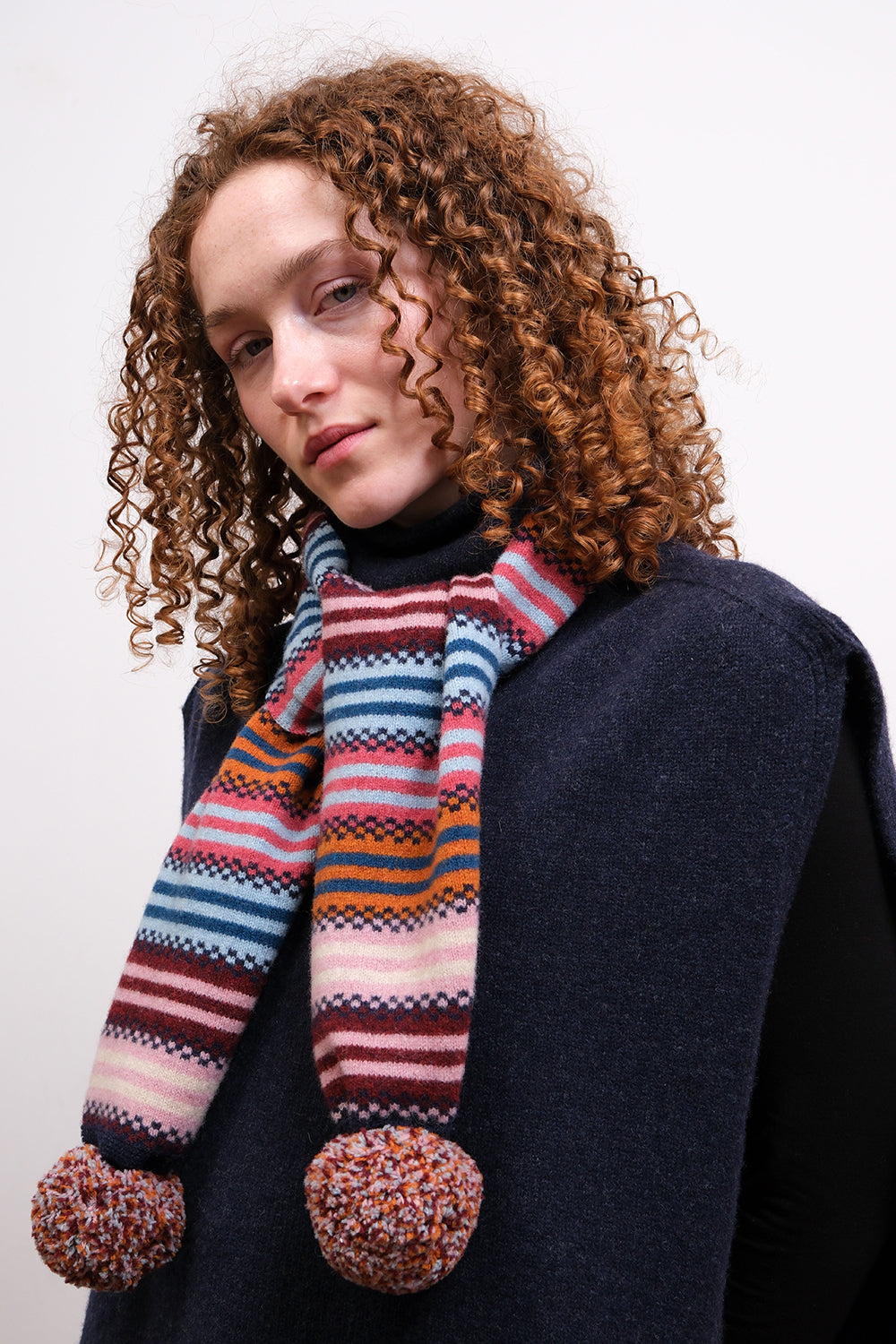 Stripe Pom Pom Scarf - Autumn Berry