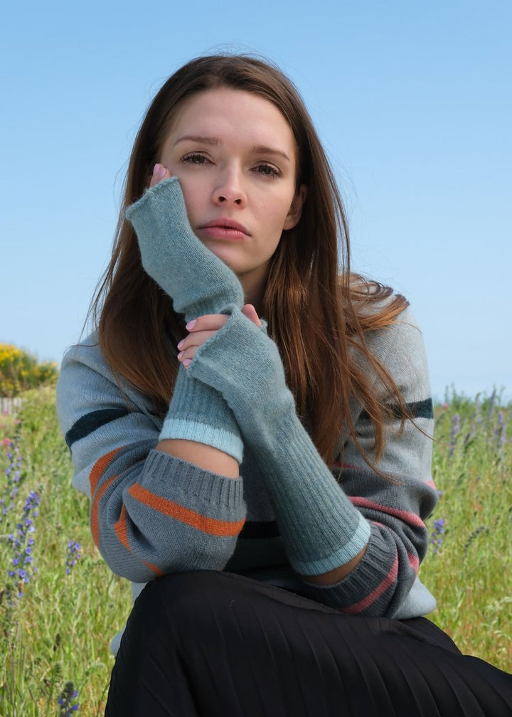 Fingerless Wristwarmers with Contrast Cuff - Sea Mist/Aqua