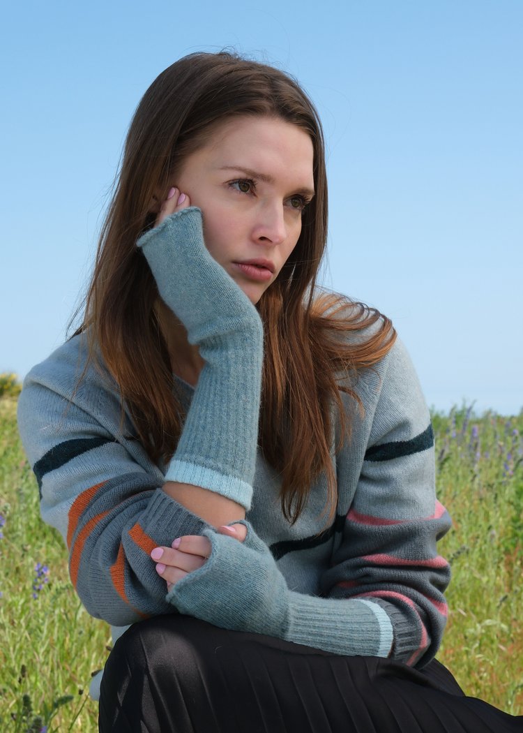 Fingerless Wristwarmers with Contrast Cuff - Sea Mist/Aqua